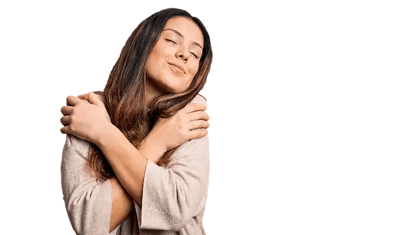 Woman-hugging-herself-with-eyes-closed